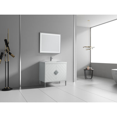 Meuble-lavabo moderne autoportant blanc Eileen de 91 cm (36 pouces) de marque Tennant, lavabo simple, dessus en composite acrylique, entièrement assemblé