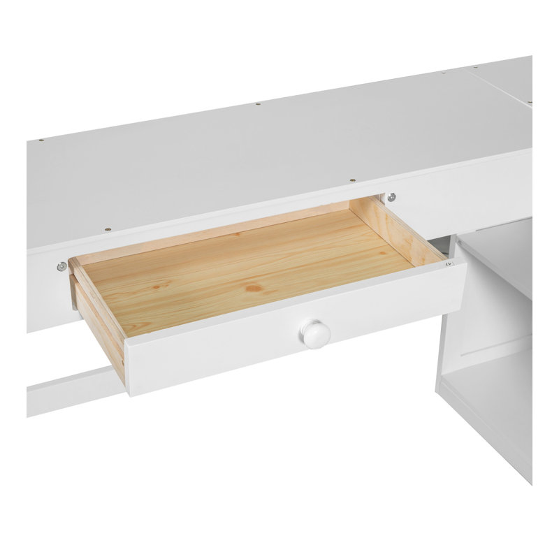 Lit mezzanine double avec bureau en U, tiroirs et tablettes de rangement, blanc