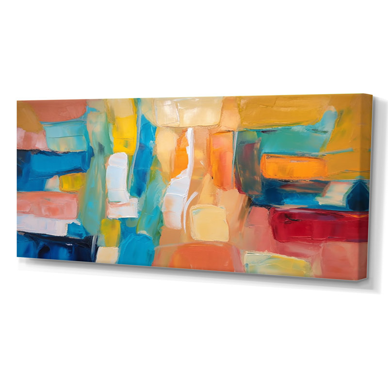 Vibrant Cubist Colourfields - Abstract Collages Wall Art Living Room, Wrapped Canvas, 28" H x 60" W x 1.5" D