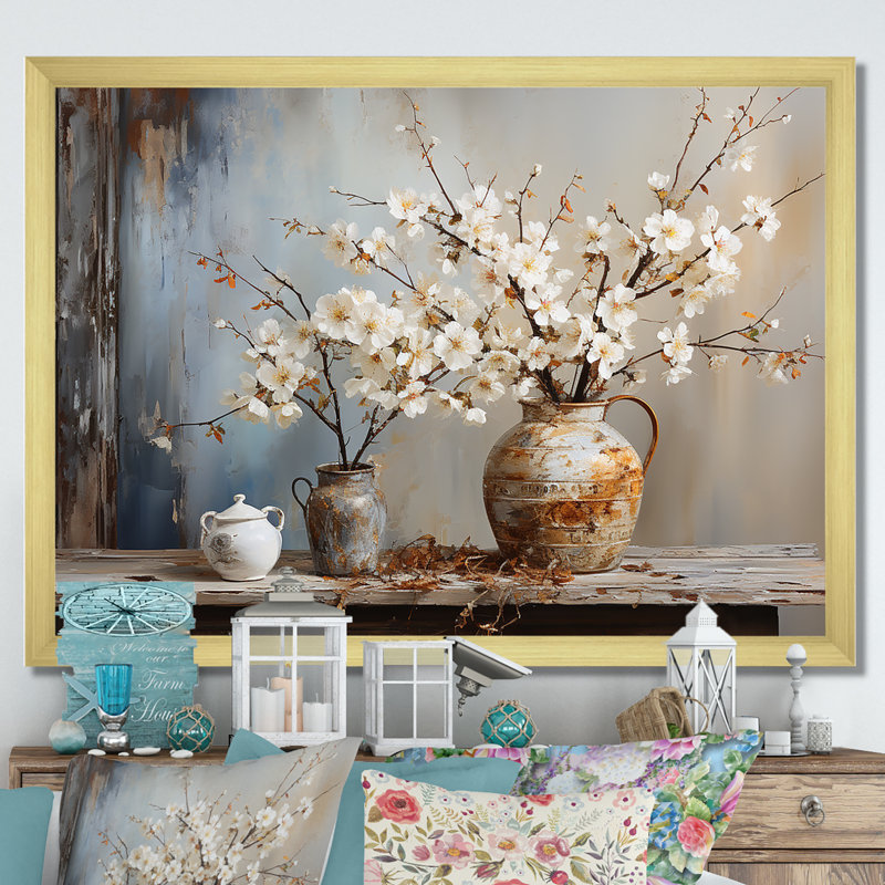 Art mural, poterie et fleurs, H 24 po x l 32 po x P 1 po, Cadre flottant brun