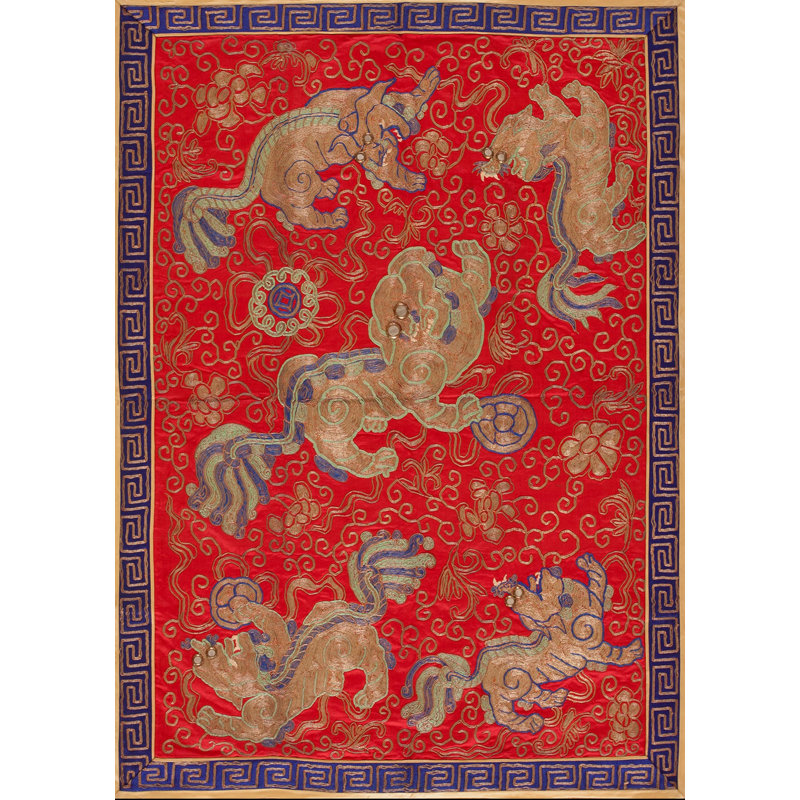Vintage Mid Century Red Color Silk Foo Dog Design Chinese Textile