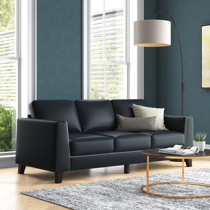 Casina 81.5'' Contemporary Genuine Leather Sofa with Solid Wood Legs, Navy