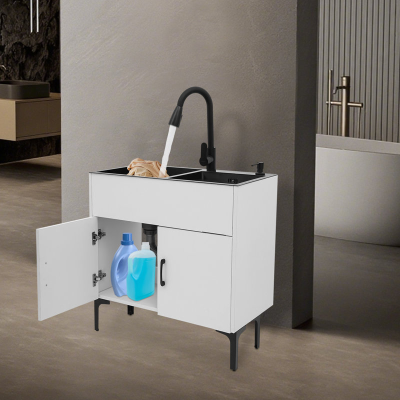 Laundry Sink With Pull-Out Faucet And Cabinet, Silver