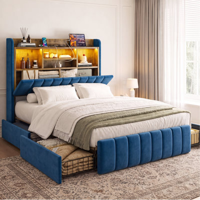 Cadre de lit Queen Size avec tête de lit de rangement dissimulée et 4 tiroirs, tête de lit de rangement en velours de 130 cm de haut avec éclairage DEL et station de recharge, sommier non requis, lattes métalliques robustes, silencieux, bleu marine
