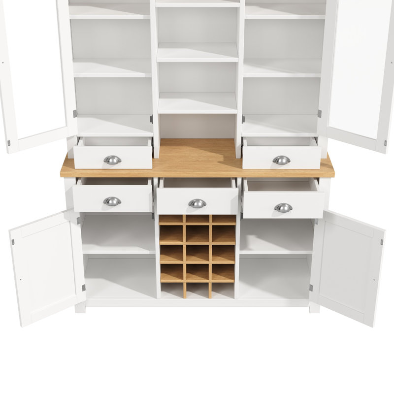 185cm White Kitchen Pantry Cabinet with Glass Doors, 5 Drawers, 16-Bottle Wine Rack & Adjustable Shelves for Home Storage
