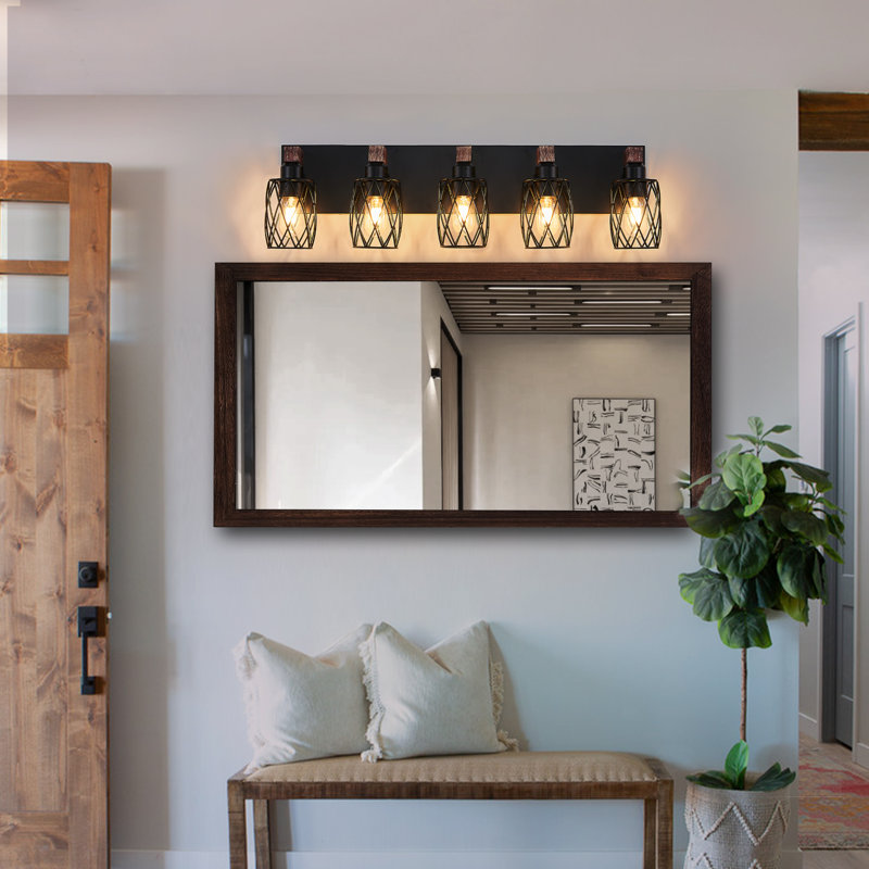 5-Light Industrial Farmhouse Wood and Black Metal Vanity Light with Mesh Metal Shades, 5 Lights