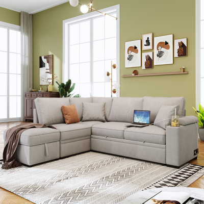 Cassan 84.5" Wide Left Hand Facing Sleeper Sofa and Chaise with Ottoman by Latitude Run