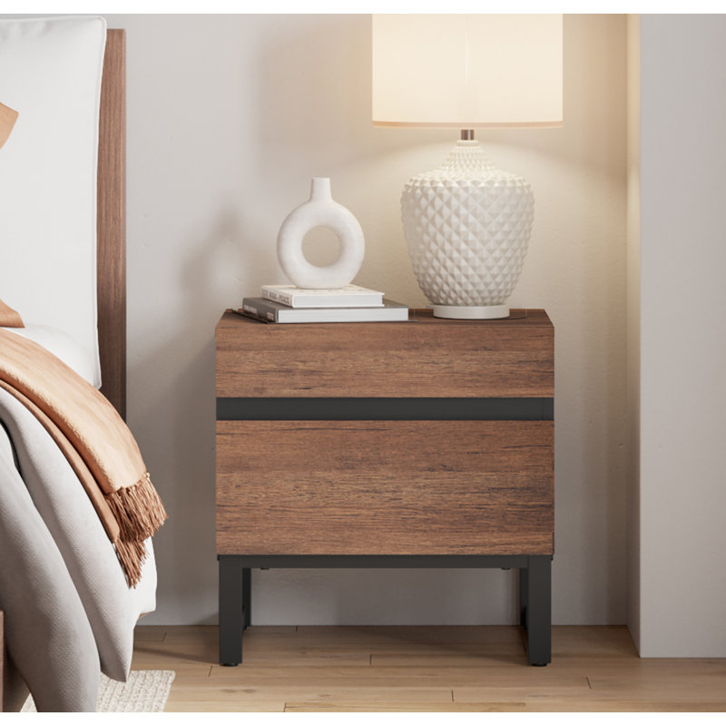 Modern Nightstand With 2 Drawers, Rustic Brown Wood End Table For Bedroom, Black Square Iron Leg Design, Stylish Bedside Table For Living Room, Brown