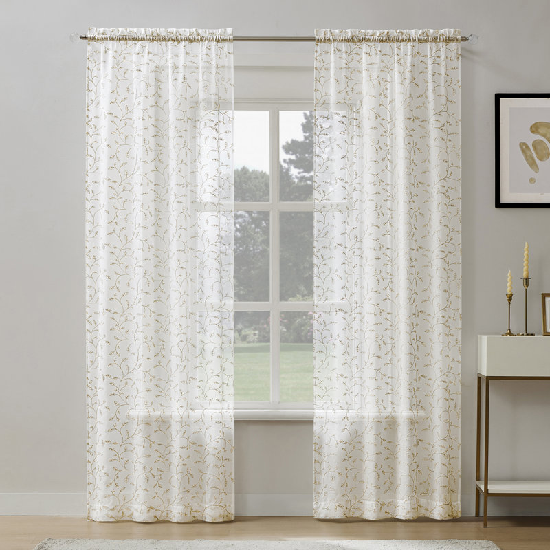 Paire de rideaux Wycoco à broderie métallique et ourlet passe-tringle transparents de Noël, Doré, L 37 po x L 84 po