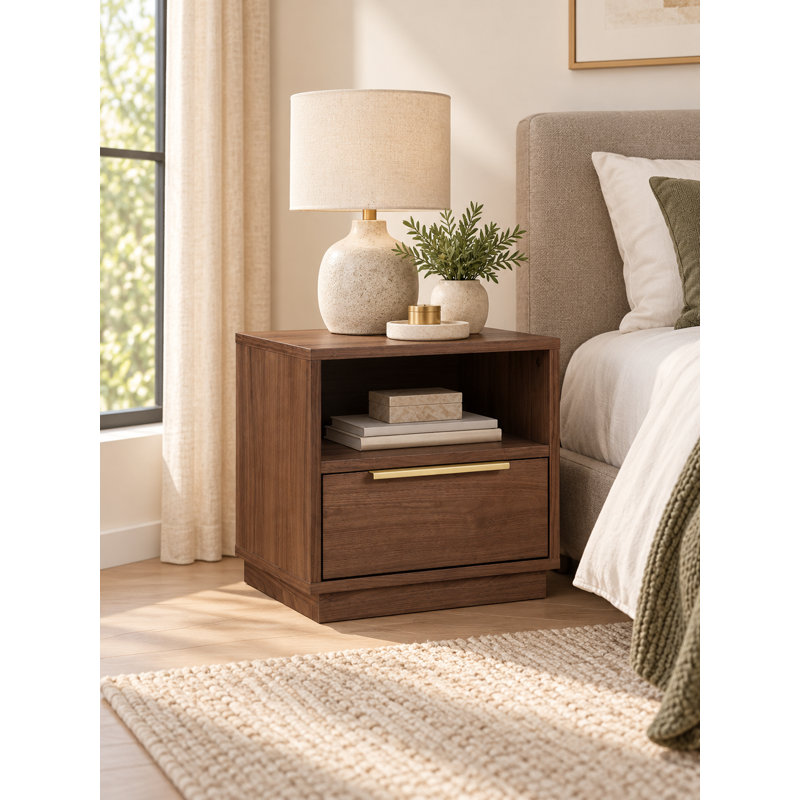 Modern Walnut Nightstand with Storage Drawer, Open Shelf & Gold Handle – Contemporary Bedside Table