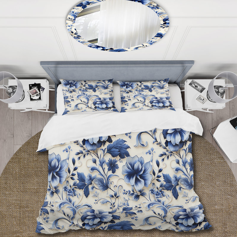 Ensemble de housse de couette motif ornemental bleu frise victorienne, Housse de couette pour grand lit et 2 taies décor