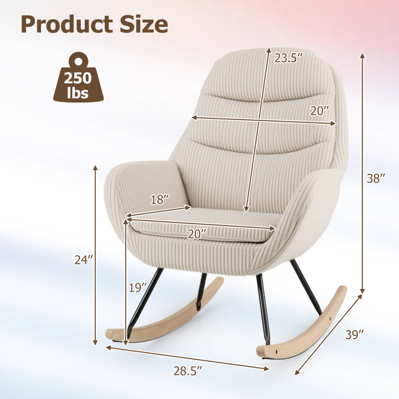 Chaise berçante rembourrée 2 pièces avec dossier rembourré et pieds en bois d'hévéa