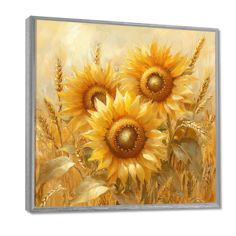 "Tournesols" dans la basse-cour de blé - Art mural, Impression encadrée flottante sans passe-partout, Argent argent
