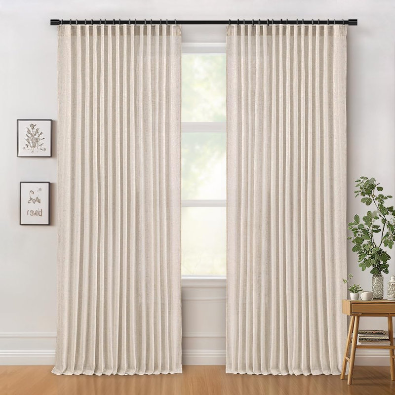 96 Inches Long Natural Linen Curtains 2 Panels, Pinch Pleated Hooks Thick Linen Textured Window Drapes Back Tab Semi Sheer Light Filtering
