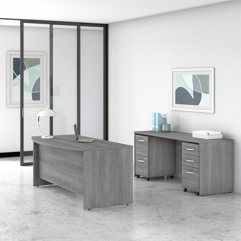 Studio C 72W x 36D Bow Front Desk and Credenza with Mobile File Cabinets, Platinum Gray
