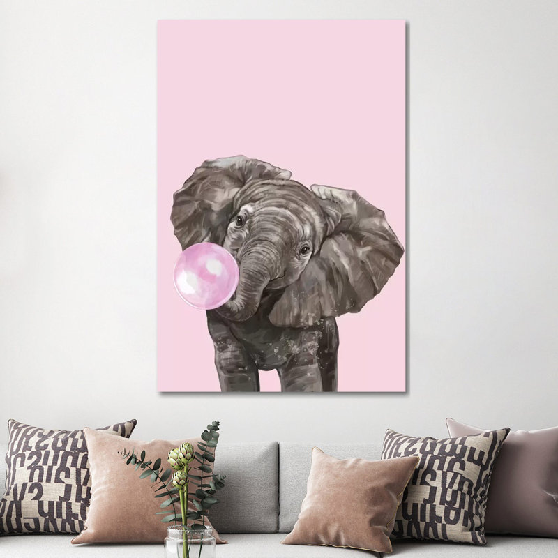 Bubble Gum Elephant In Pink by Big Nose Work - Wrapped Canvas Painting