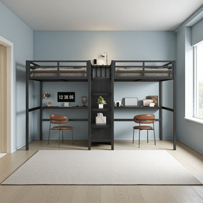 Twin Over Twin Metal Loft Bed With Double Desk And Wardrobe And Shelves With Electrical Outlet For Space Saving And Noise Reduction