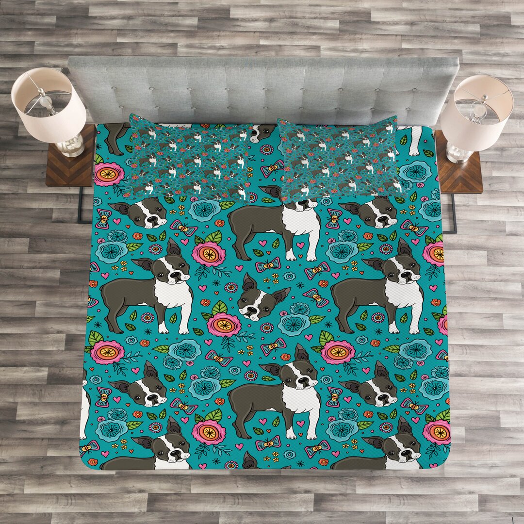 Gestepptes Bettdecken-Set, Woodland Boston Terrier Floral, Hund, Teal Anthrazit grau