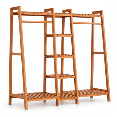 Bamboo Wood 51"/63"/75" W Luxury Clothes Rack Garment Rack with Tier Storage Shelves and Coat Hooks Portable Cloest Organizer Garment Rack