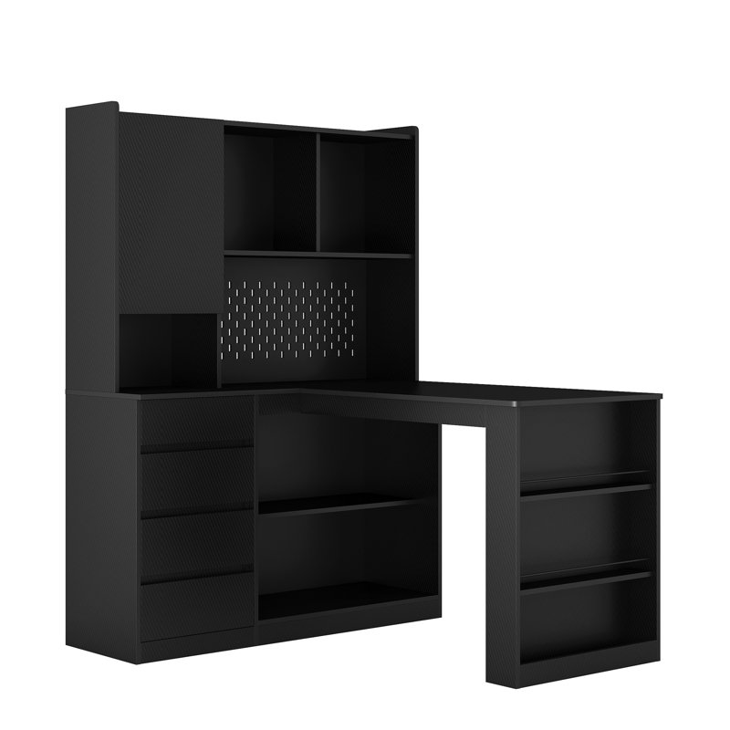 L-Shaped Computer Desk with Built-In Charging Station, Drawers, and Bookshelf, Black