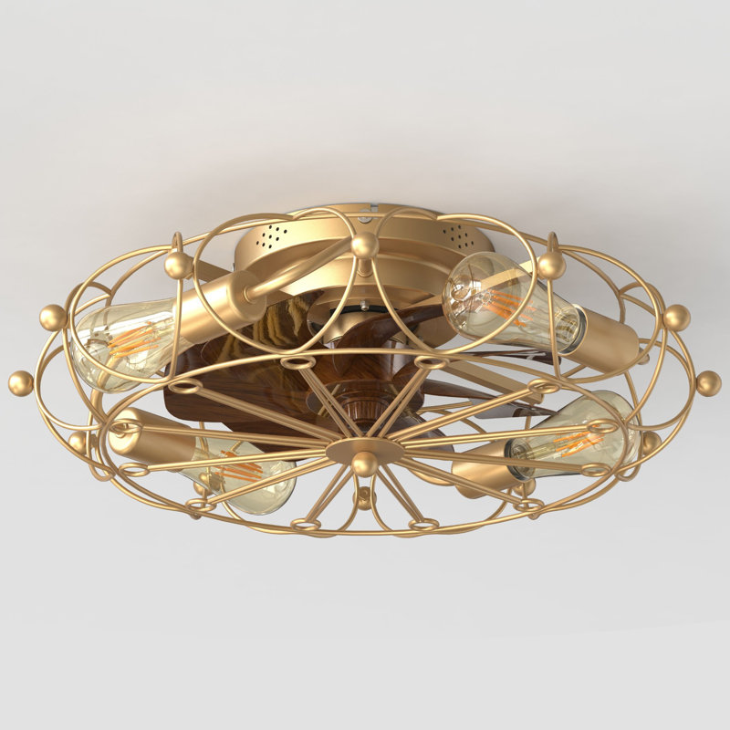 20" Low Profile Caged Flush Mount Ceiling Fan With Light And Remote Control, 6-Speed Reversible, Gold