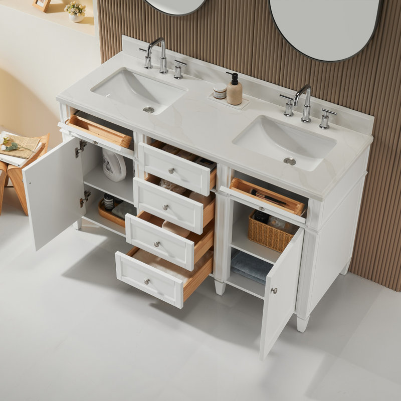 Meuble-lavabo autoportant à double cuve 60 po avec comptoir en quartz entièrement assemblé