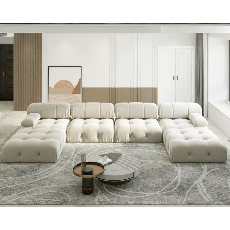 Canapé et chaise longue modulaire réversible avec repose-pieds en velours de 138,6 po Jesse, Velours beige