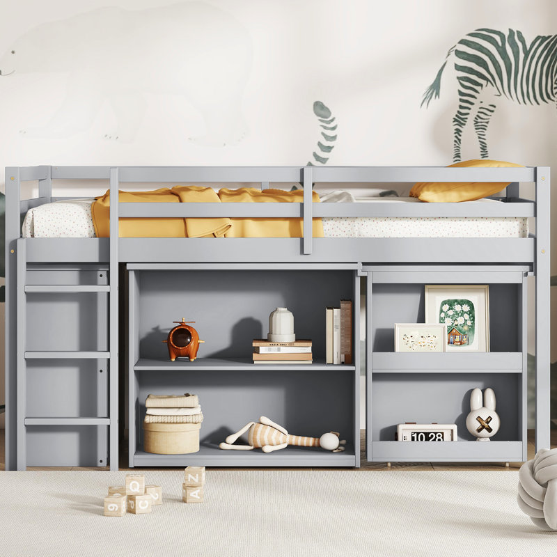 Twin Loft Bed With Construction - Drawer, Shelf Cabinets, Grey Secure Storage Options Drawer &, Gray