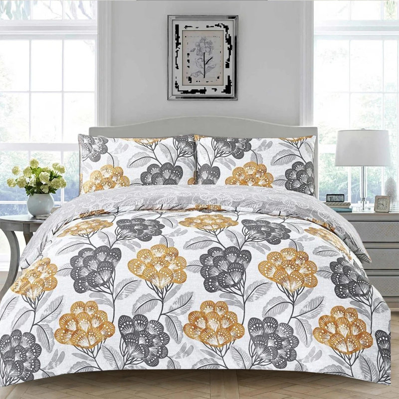 Cotton Floral Duvet Cover Set, Super King Duvet Cover Set + 3 Additional Pieces, Yellow Floral