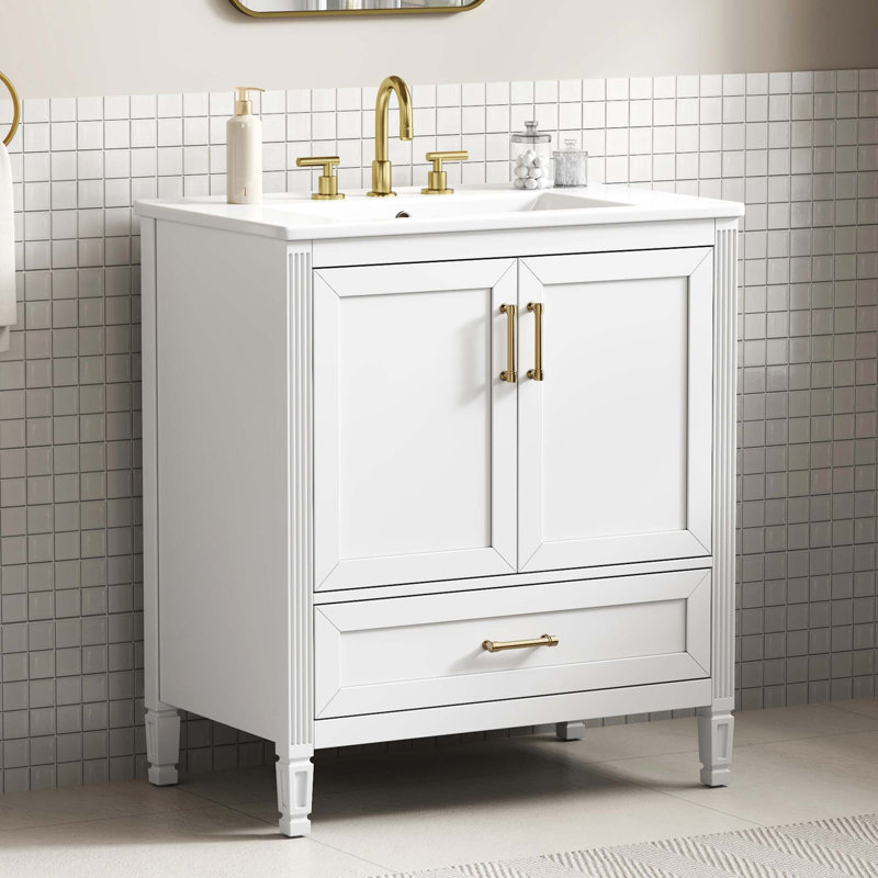 Meuble-lavabo cannelé élégant avec lavabo en céramique, Blanc