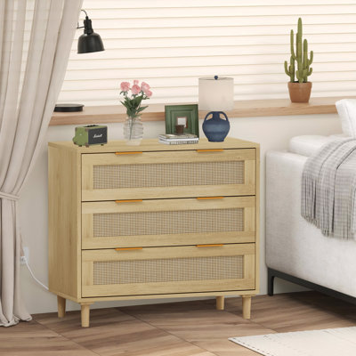 3-Drawer Rattan Dresser, Wooden Storage Cabinet w/Boho Mid-Century by Bay Isle Home