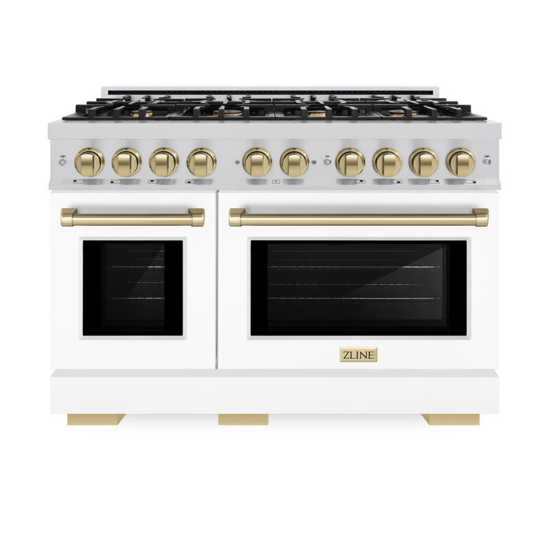 ZLINE Autograph Edition 48 in. 6.7 cu. ft. Select Double Oven Gas Range W/ 8 Burner Cooktop in Stainless Steel W/ White Matte Doors & Champagne Bronze Accents (HGRZ-WM-48-CB)