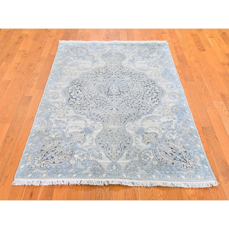Tapis bleu noué à la main de conception unique 4 pi x 6 pi 3 po Aesir