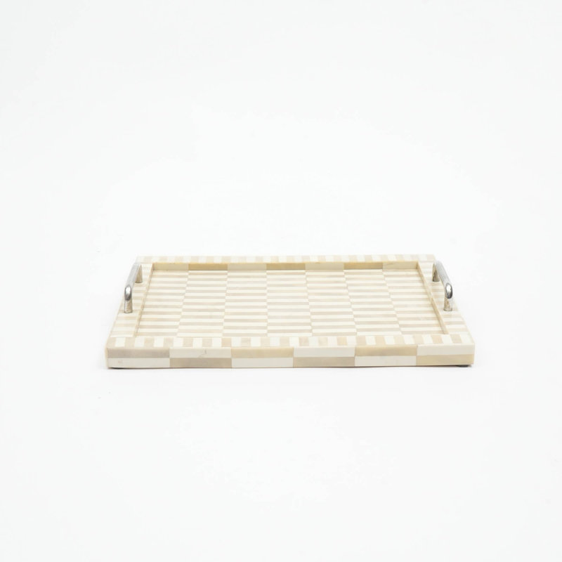 Decorative Tray | Bone & Resin Checkered Tray | Set of 2, Beige