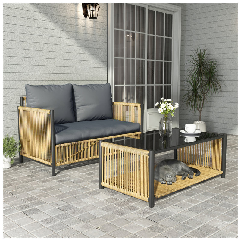 New Comming Outdoor PE Brown Wicker 2Seats Sofa With Grey Cushion And Table Set