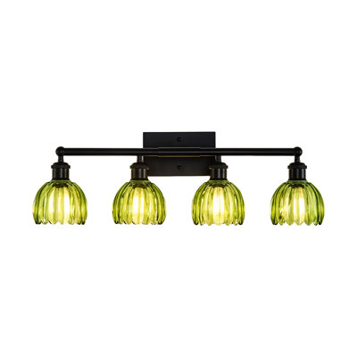 Éclairage pour salle de bain 4 lumières noires, convenant à la salle de bain, avec abat-jour en verre tulipe vert nervuré, luminaire de salle de bain