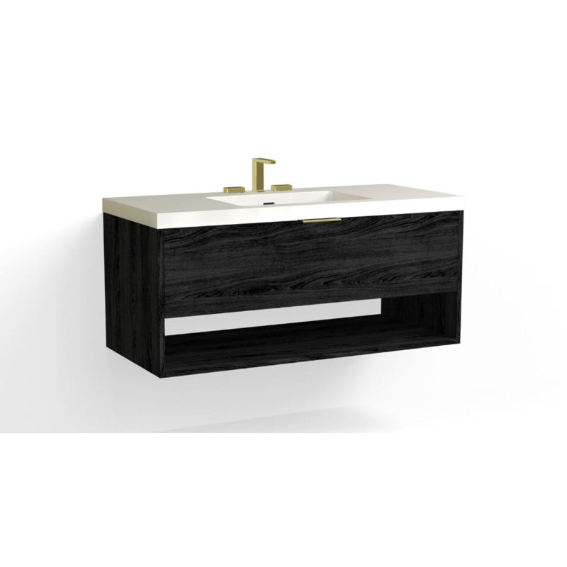Modo 48" W Wall Mounted Single Bathroom Vanity, Glossy White/Single, White Acrylic, Satin Brass