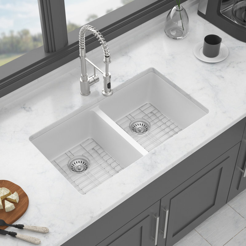 Évier de cuisine en quartz blanc durable, double cuve, design minimaliste moderne