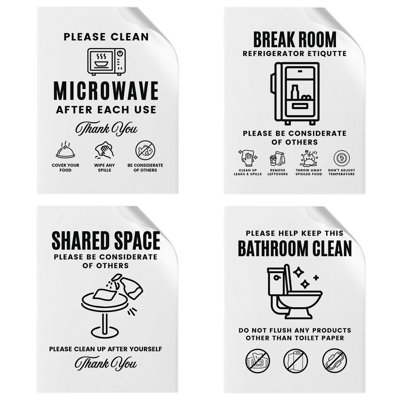 Ensemble de 4 panneaux de règles de salle de bain et de cuisine 4X5, essentiels pour la salle de pause, veuillez nettoyer après vous