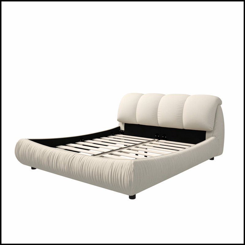 Lit beige avec un plissage exquis et une tête de lit coussinée ultra-douce pour un confort et un style ultimes, Beige