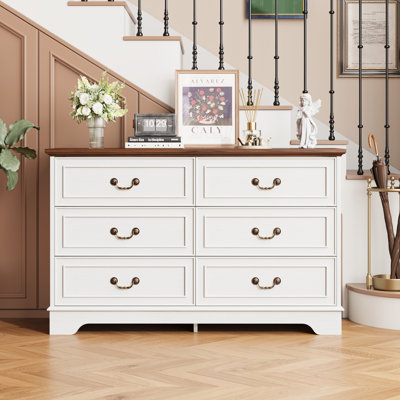 Commode 6 tiroirs pour la chambre à coucher - Commode double de 47 po de largeur, organisateur de tiroirs rétro pour le salon, le couloir, le vestibule, blanc et noyer