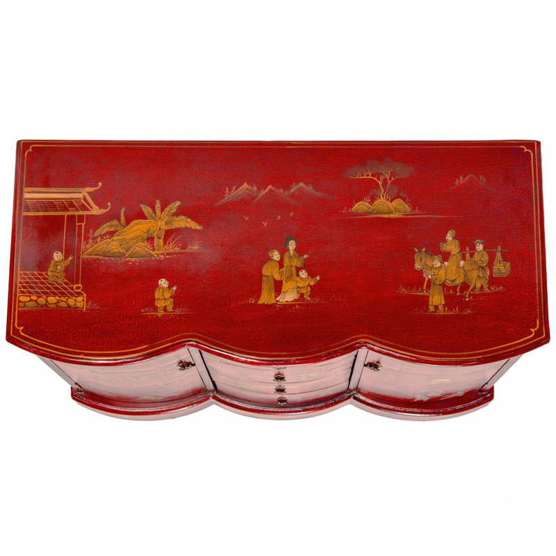 Hand-Painted Red and Gold Lacquer Wood Accent Cabinet