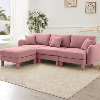 3 - Seater Pink Boucle Fabric Couch With Convertible L Shape, Cylindrical Legs And Dense Foam Seating For Optimal Relaxation Shape Distinctive , Spring Supported Living Spaces