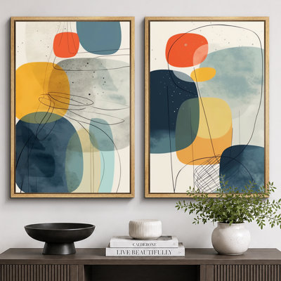 Mid Century Shape "Vibrant Blue & Yellow & Orange Polygon Artwork, Modern Abstract Geometric Wall Pictures, Framed Canvas Giclee Print 2 Pieces Wall Art Set" 16x24x2 pcs, 24x36x2 pcs