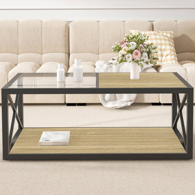Table basse moderne pour chambre à coucher et salon, plateau en bois aggloméré en verre trempé et bois naturel, table basse de style industriel