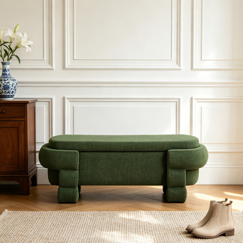 Banc de rangement ovale moderne en chenille avec couvercle relevable dissimulé, Vert