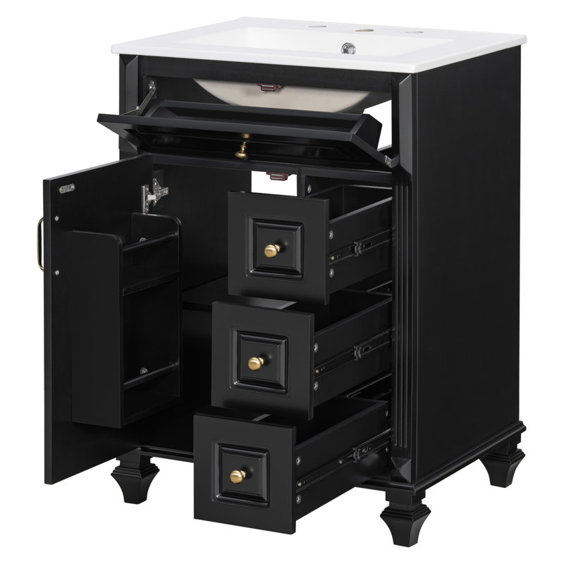 Meuble-lavabo de 24 po avec lavabo, meuble-lavabo autoportant noir avec tiroir rabattable, 3 tiroirs et armoire de rangement, bois massif et panneau de fibres à densité moyenne, comptoir de lavabo en céramique