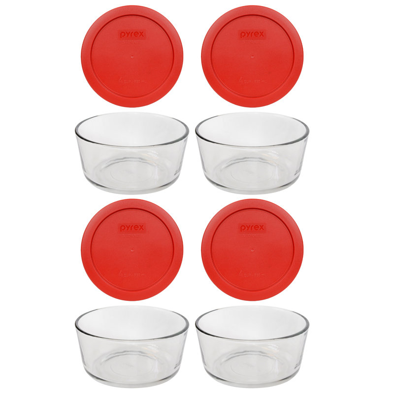 Pyrex (4) bols en verre de 4 tasses et (4) couvercles de 4 tasses, Rouge coquelicot
