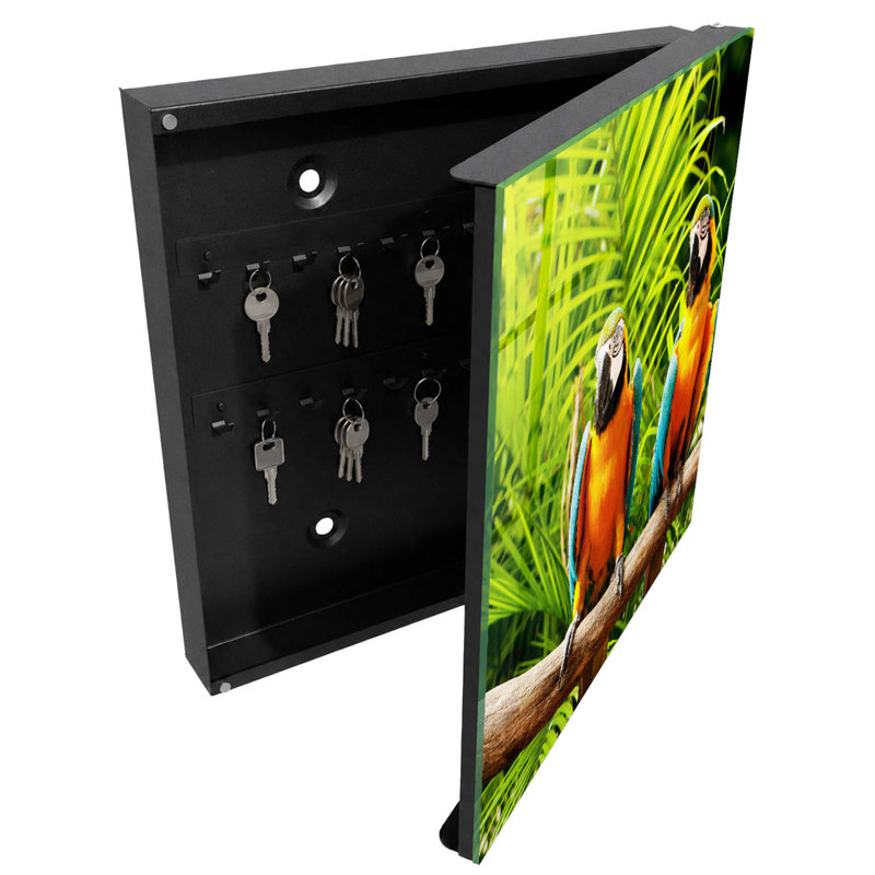 Key cabinet, Opens to the right, 30x30x5, Black, Parrots on a branch among green leaves, 