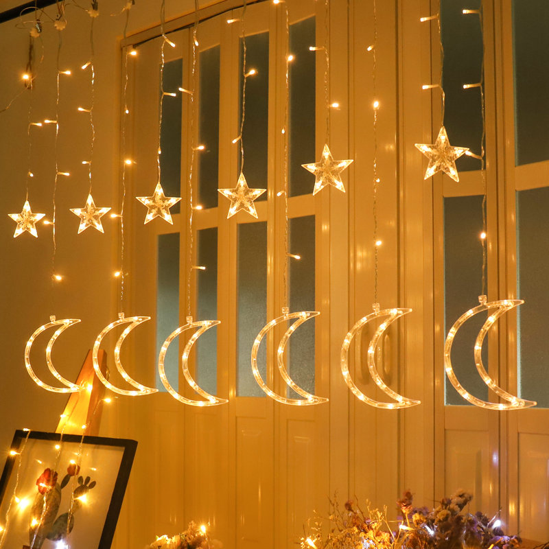 6.56' Curtain Light Led Moon Star Icicle Drops String 8 Mode USB Power for Wall Window Decoration